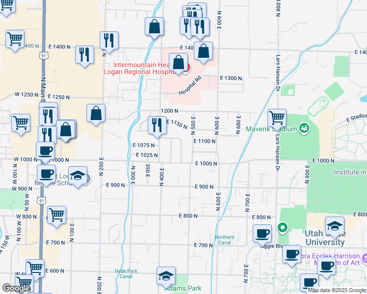 map of restaurants, bars, coffee shops, grocery stores, and more near 1068 Crescent Drive in Logan