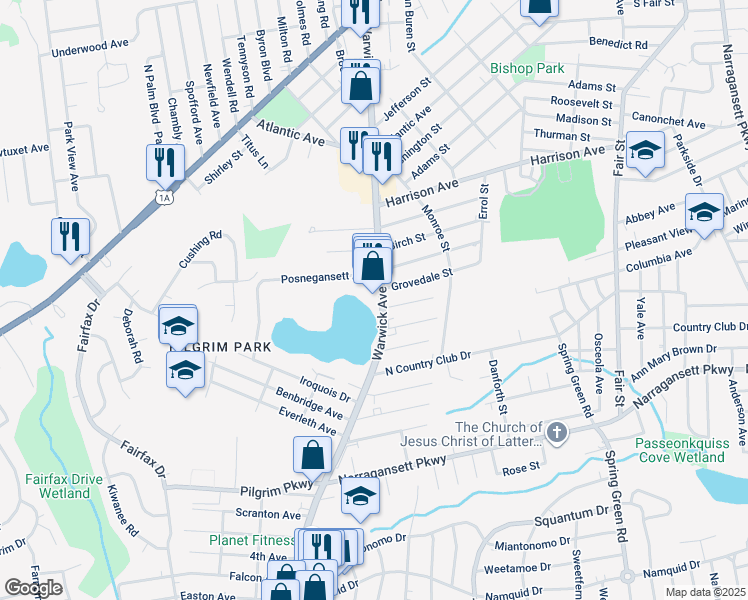 map of restaurants, bars, coffee shops, grocery stores, and more near 919 Warwick Avenue in Warwick