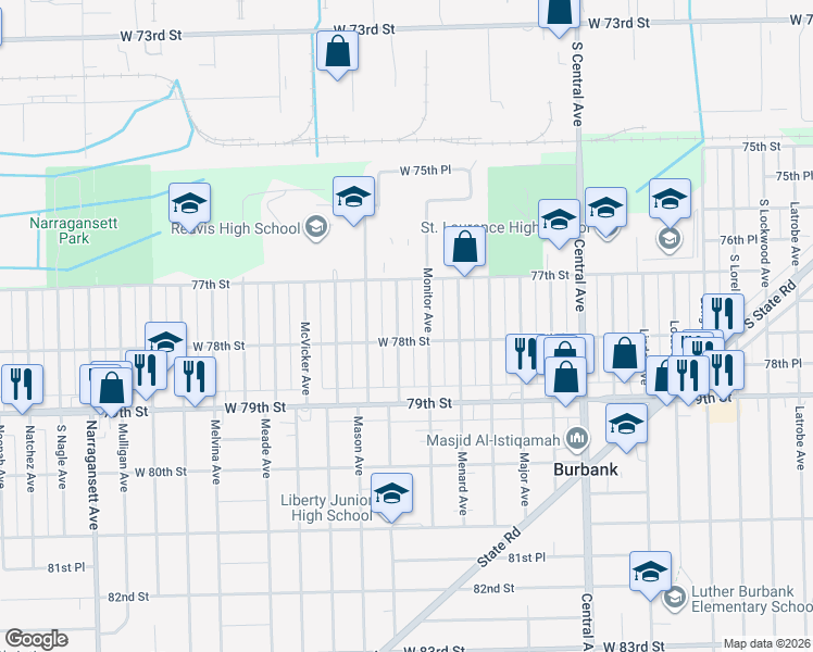 map of restaurants, bars, coffee shops, grocery stores, and more near 7751 Mayfield Ave in Burbank