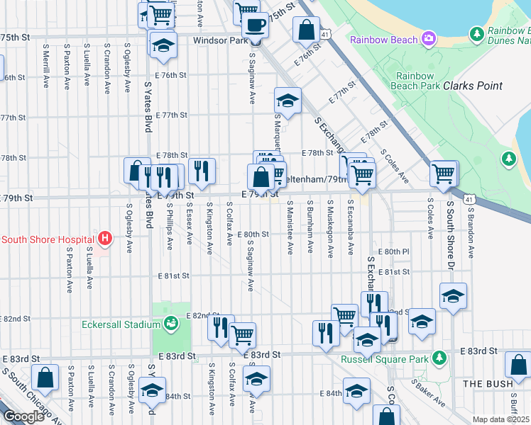 map of restaurants, bars, coffee shops, grocery stores, and more near 7926 South Marquette Avenue in Chicago