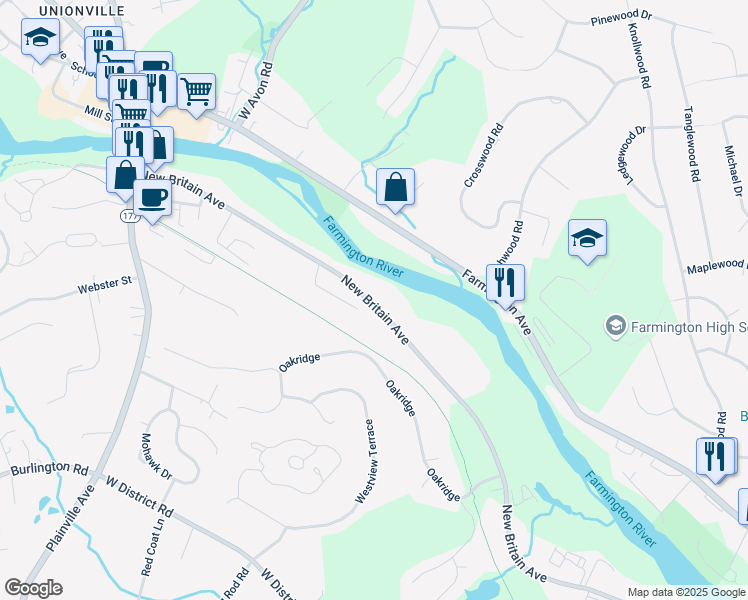 map of restaurants, bars, coffee shops, grocery stores, and more near 277 New Britain Avenue in Farmington