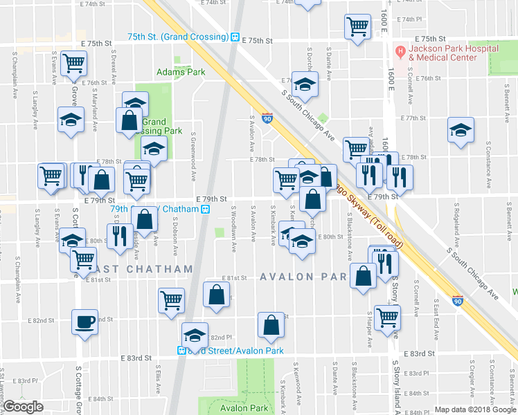 map of restaurants, bars, coffee shops, grocery stores, and more near 7911 S Avalon Ave in Chicago