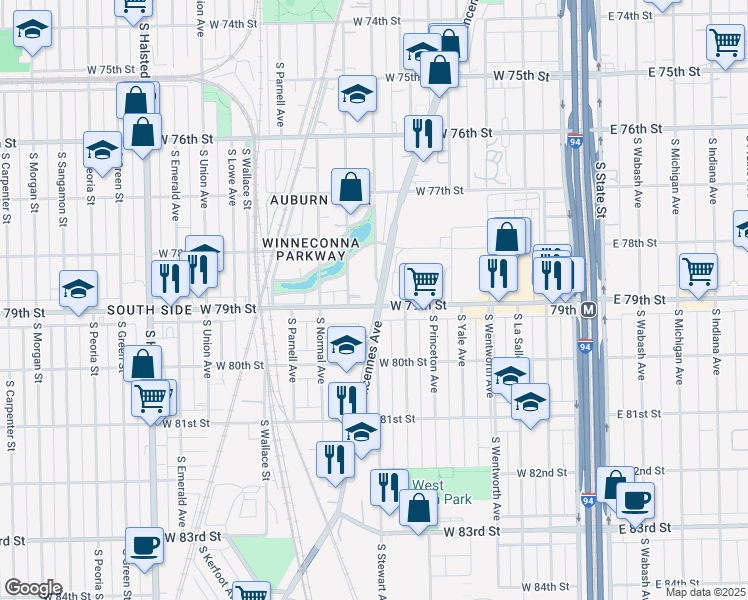 map of restaurants, bars, coffee shops, grocery stores, and more near 400 West 79th Street in Chicago