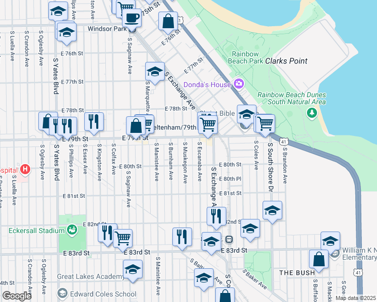 map of restaurants, bars, coffee shops, grocery stores, and more near 7929 South Muskegon Avenue in Chicago