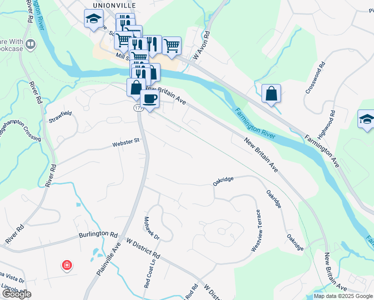 map of restaurants, bars, coffee shops, grocery stores, and more near 95 Forest Street in Farmington