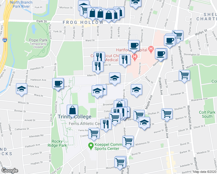 map of restaurants, bars, coffee shops, grocery stores, and more near 43 Vernon Street in Hartford