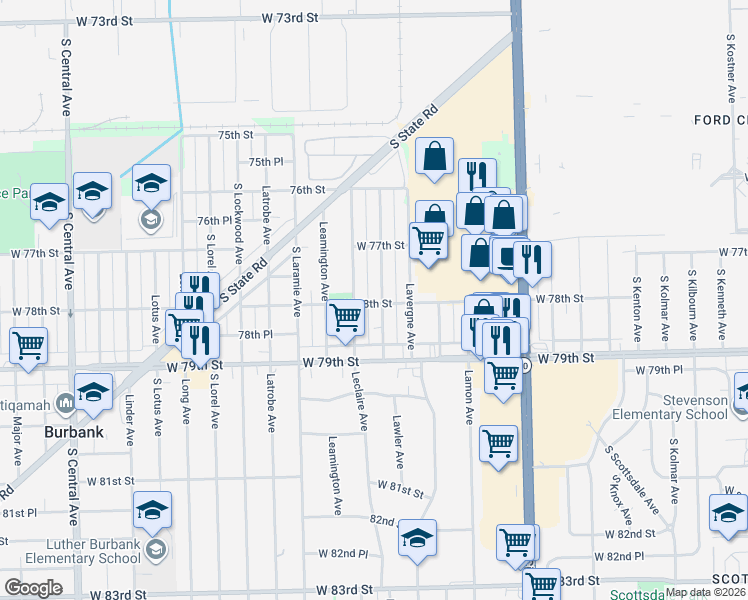 map of restaurants, bars, coffee shops, grocery stores, and more near 7776 Lawler Avenue in Burbank