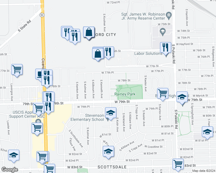 map of restaurants, bars, coffee shops, grocery stores, and more near 7814 South Kostner Avenue in Chicago