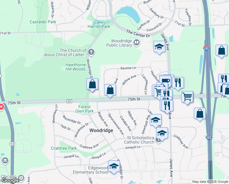 map of restaurants, bars, coffee shops, grocery stores, and more near 7405 Catalpa Avenue in Woodridge