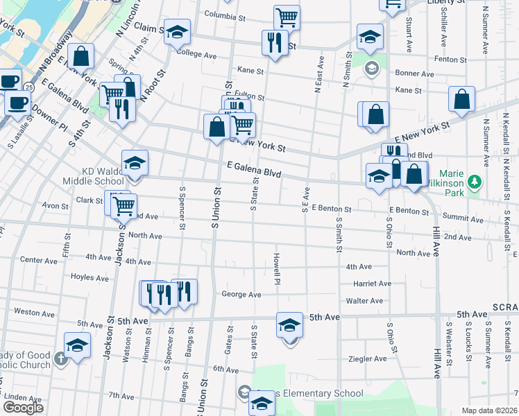 map of restaurants, bars, coffee shops, grocery stores, and more near 745 East Benton Street in Aurora