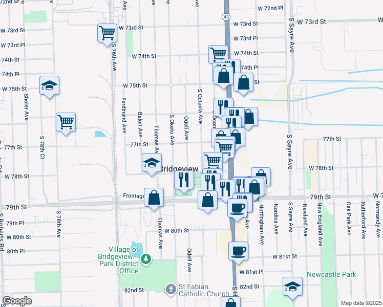 map of restaurants, bars, coffee shops, grocery stores, and more near 7718 South Octavia Avenue in Bridgeview