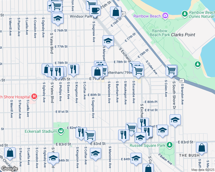 map of restaurants, bars, coffee shops, grocery stores, and more near 7926 South Manistee Avenue in Chicago