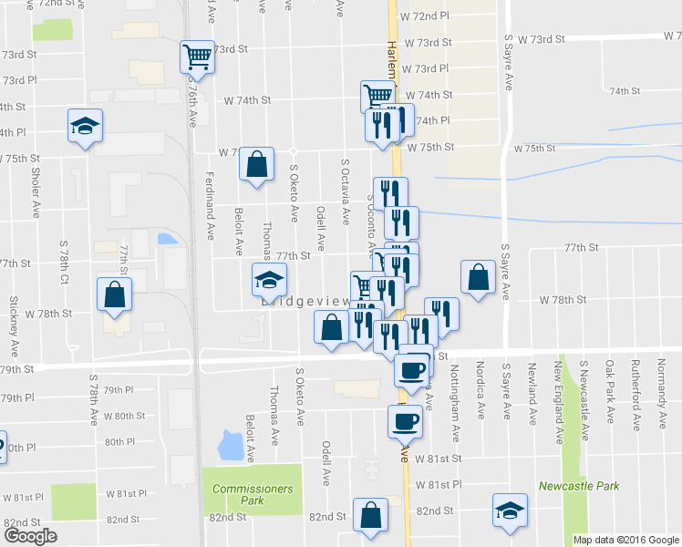 map of restaurants, bars, coffee shops, grocery stores, and more near 7718 South Octavia Avenue in Bridgeview