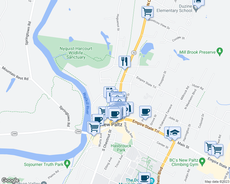 map of restaurants, bars, coffee shops, grocery stores, and more near 45 North Chestnut Street in New Paltz