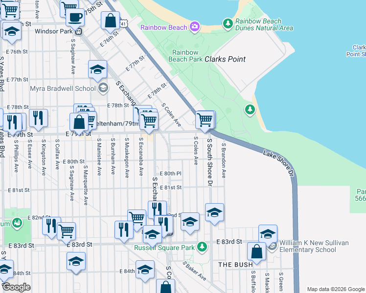 map of restaurants, bars, coffee shops, grocery stores, and more near 3030 East 79th Place in Chicago
