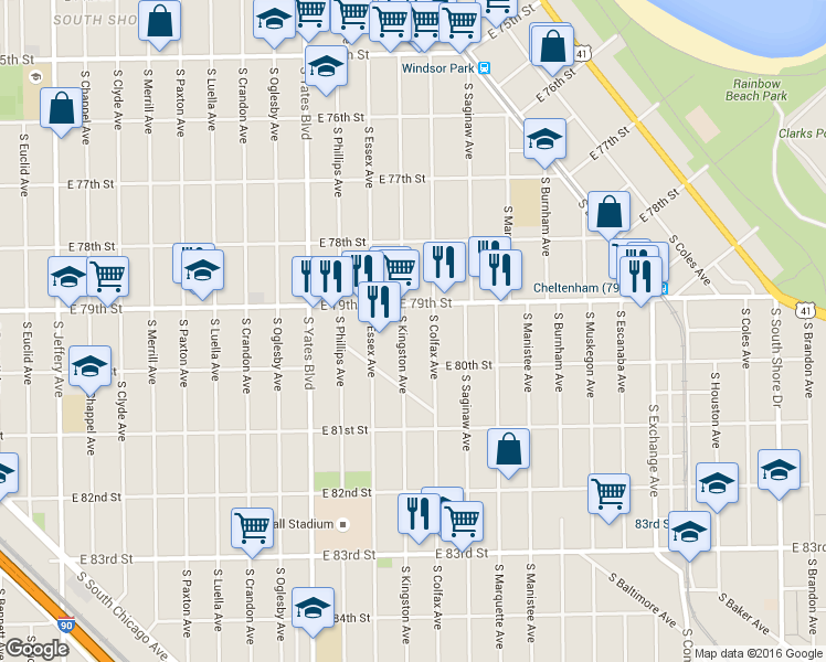 map of restaurants, bars, coffee shops, grocery stores, and more near 7923 South Kingston Avenue in Chicago