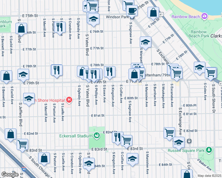 map of restaurants, bars, coffee shops, grocery stores, and more near 7923 South Kingston Avenue in Chicago