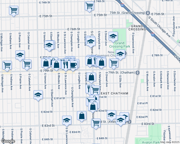 map of restaurants, bars, coffee shops, grocery stores, and more near 743 East 79th Street in Chicago