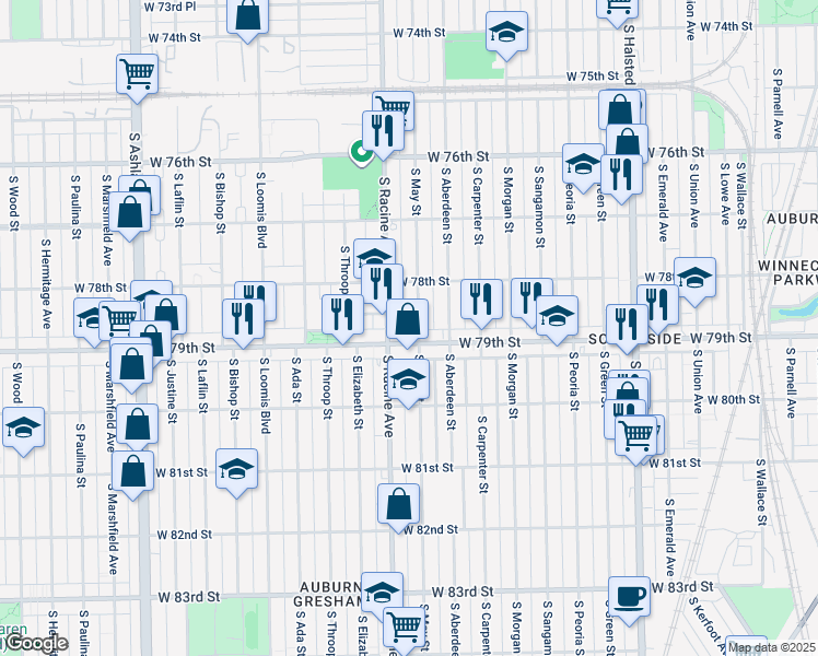 map of restaurants, bars, coffee shops, grocery stores, and more near 7843 South May Street in Chicago