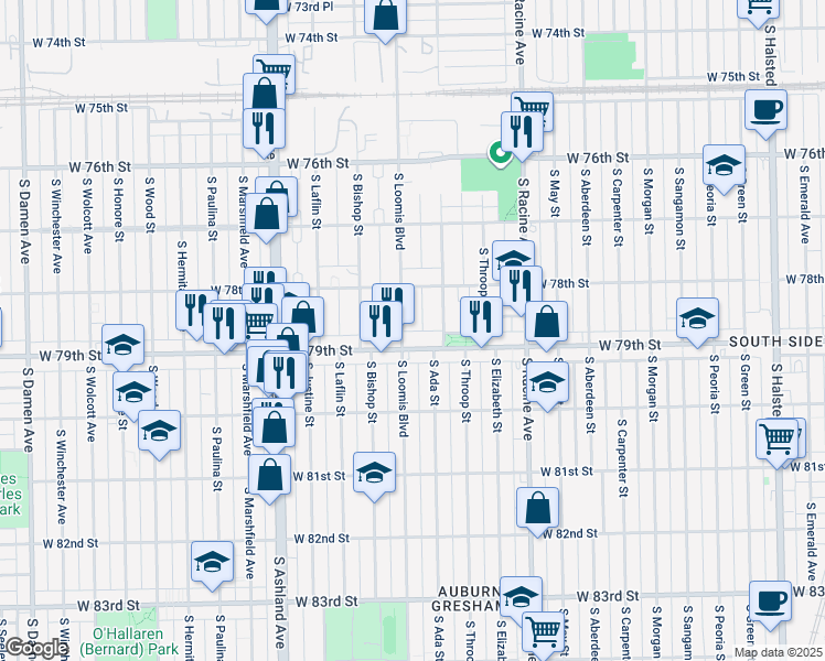 map of restaurants, bars, coffee shops, grocery stores, and more near 7849 South Loomis Boulevard in Chicago