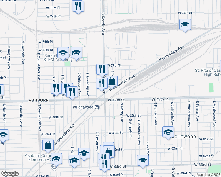 map of restaurants, bars, coffee shops, grocery stores, and more near 3156 West Columbus Avenue in Chicago