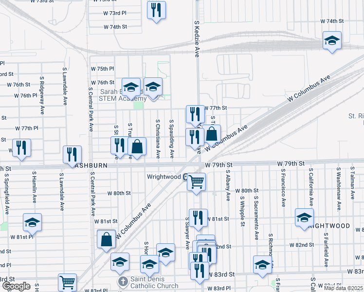 map of restaurants, bars, coffee shops, grocery stores, and more near 7817 South Sawyer Avenue in Chicago