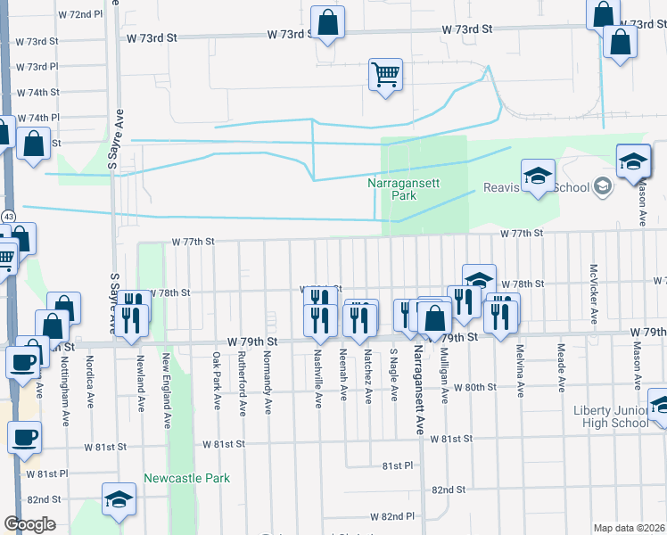 map of restaurants, bars, coffee shops, grocery stores, and more near 7722 Neenah Avenue in Burbank