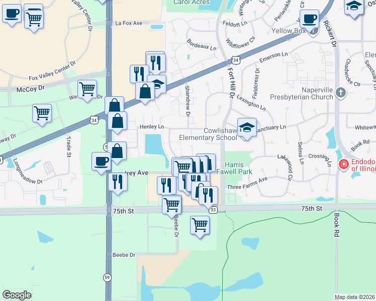 map of restaurants, bars, coffee shops, grocery stores, and more near 1026 Ravendale Court in Naperville