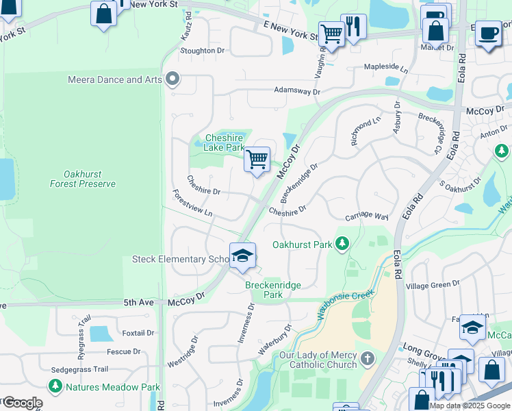 map of restaurants, bars, coffee shops, grocery stores, and more near 2480 Cheshire Drive in Aurora