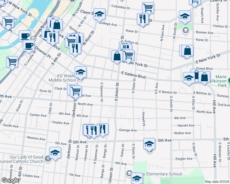 map of restaurants, bars, coffee shops, grocery stores, and more near 637 East Benton Street in Aurora