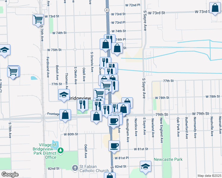 map of restaurants, bars, coffee shops, grocery stores, and more near 7731 South Harlem Avenue in Bridgeview