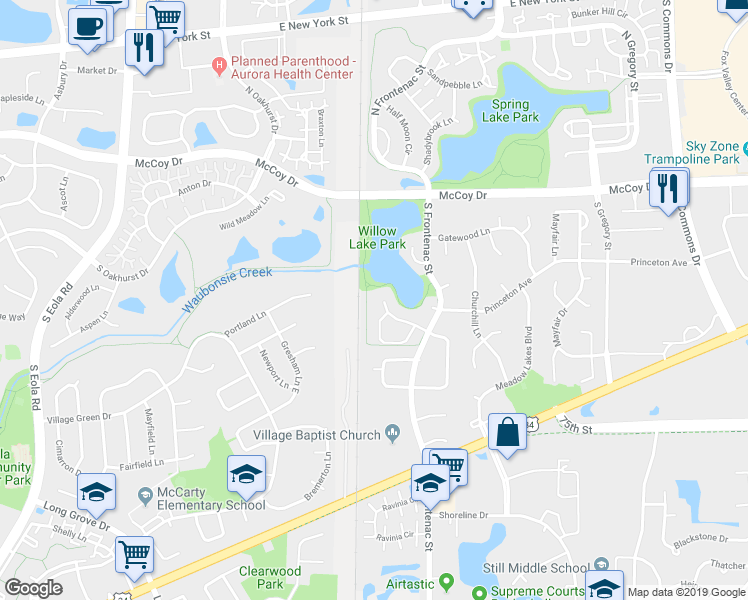 map of restaurants, bars, coffee shops, grocery stores, and more near 153 Park Ridge Court in Aurora