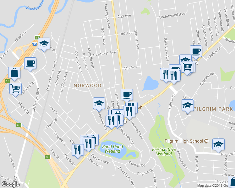 map of restaurants, bars, coffee shops, grocery stores, and more near 372 Harrington Avenue in Warwick