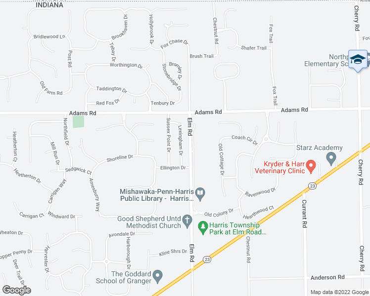 map of restaurants, bars, coffee shops, grocery stores, and more near 51110 Lexingham Drive in Granger