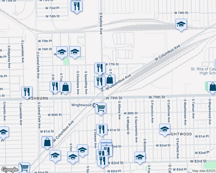 map of restaurants, bars, coffee shops, grocery stores, and more near 3156 West Columbus Avenue in Chicago