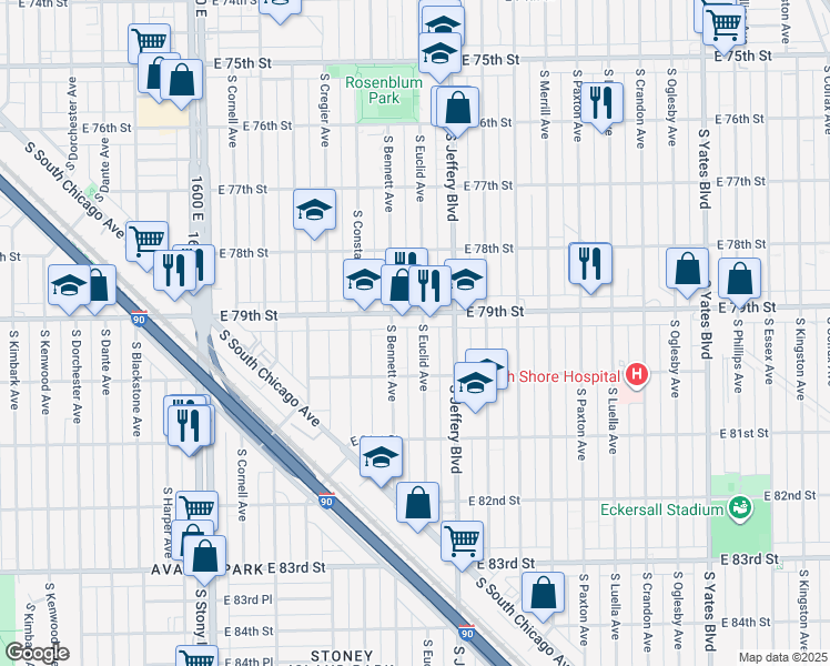 map of restaurants, bars, coffee shops, grocery stores, and more near 7916 South Euclid Avenue in Chicago
