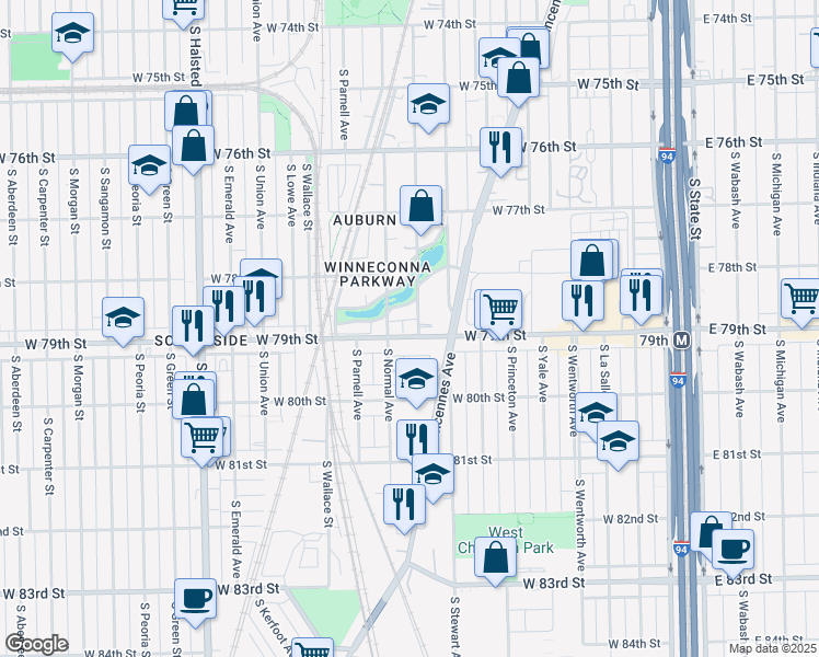 map of restaurants, bars, coffee shops, grocery stores, and more near 7860 South Eggleston Avenue in Chicago