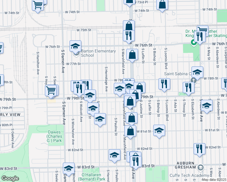 map of restaurants, bars, coffee shops, grocery stores, and more near 7836 South Paulina Street in Chicago
