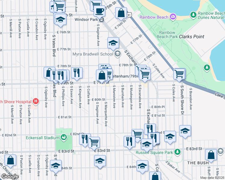 map of restaurants, bars, coffee shops, grocery stores, and more near 7926 South Manistee Avenue in Chicago