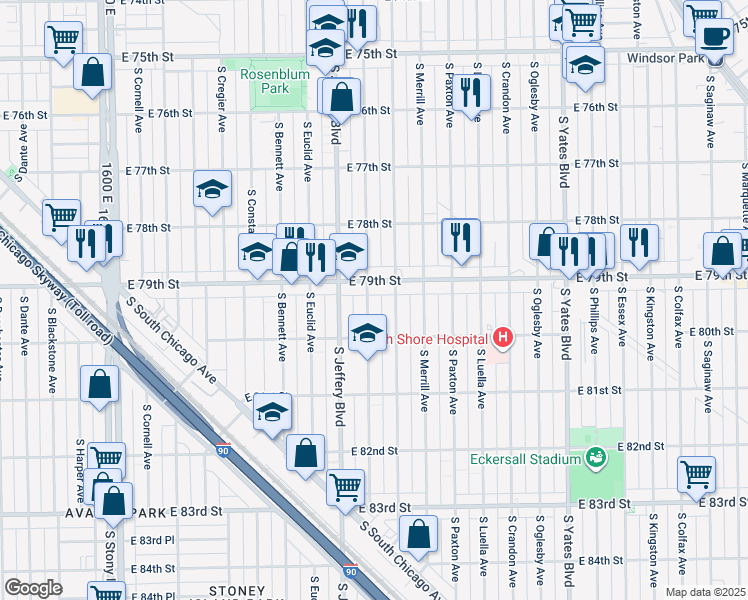 map of restaurants, bars, coffee shops, grocery stores, and more near 7919 South Chappel Avenue in Chicago