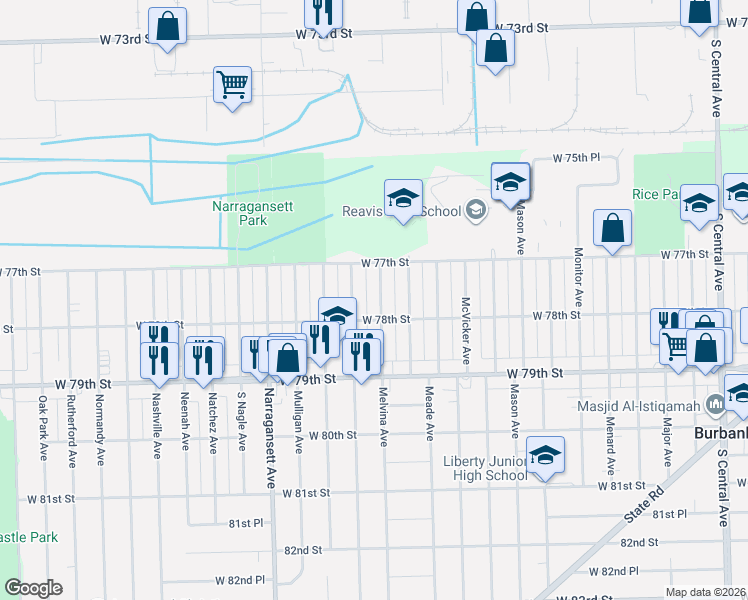 map of restaurants, bars, coffee shops, grocery stores, and more near 7740 South Melvina Avenue in Chicago