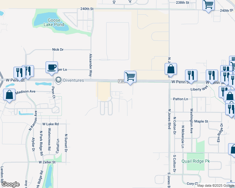 map of restaurants, bars, coffee shops, grocery stores, and more near 545 Pond View Drive in North Liberty