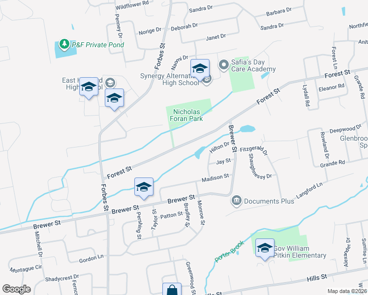 map of restaurants, bars, coffee shops, grocery stores, and more near 163 Forest Street in East Hartford
