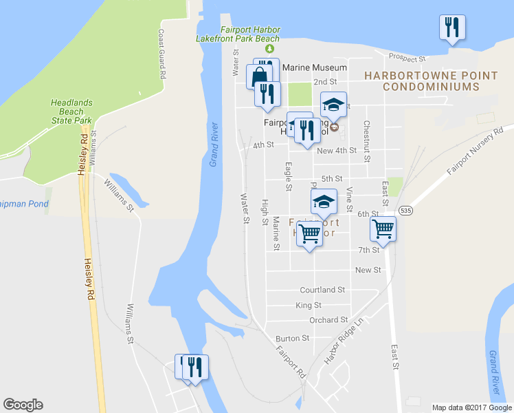map of restaurants, bars, coffee shops, grocery stores, and more near 535 High Street in Fairport Harbor