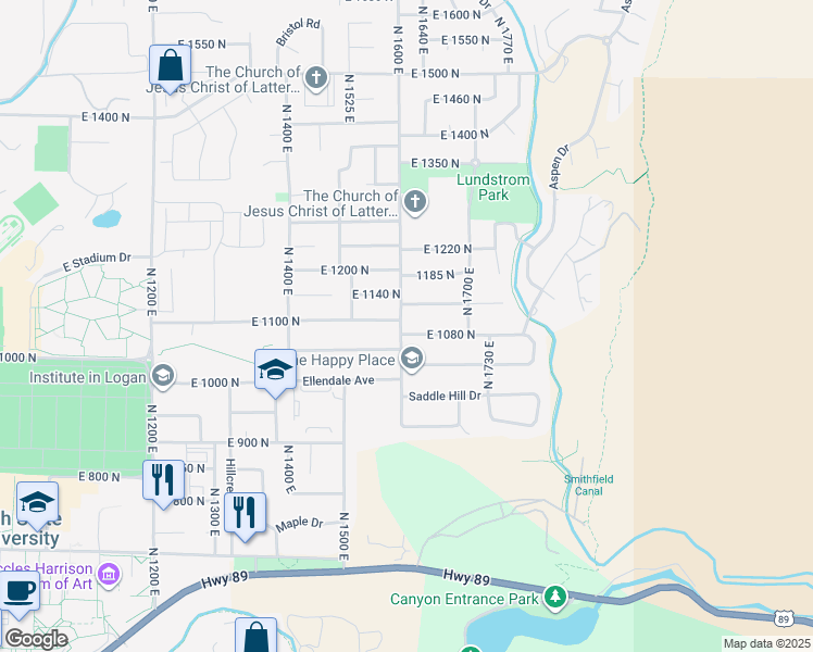 map of restaurants, bars, coffee shops, grocery stores, and more near 1094 North 1600 East in Logan