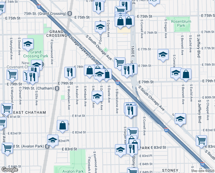 map of restaurants, bars, coffee shops, grocery stores, and more near 7910 South Dante Avenue in Chicago