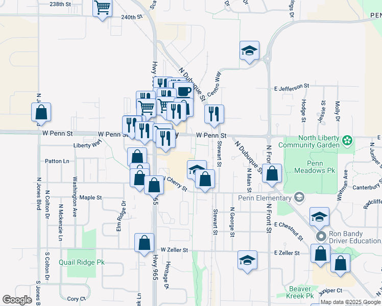 map of restaurants, bars, coffee shops, grocery stores, and more near 60 Penn Oaks Dr in North Liberty