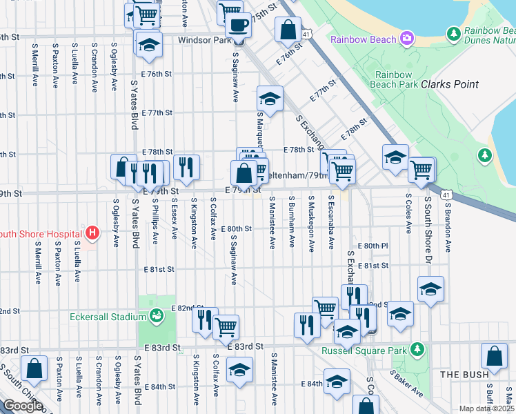 map of restaurants, bars, coffee shops, grocery stores, and more near 7927 South Marquette Avenue in Chicago