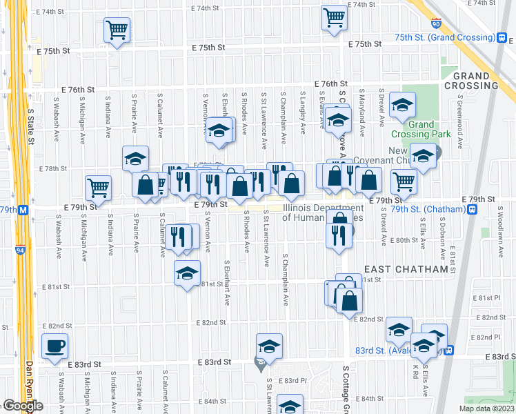 map of restaurants, bars, coffee shops, grocery stores, and more near 549 East 79th Street in Chicago
