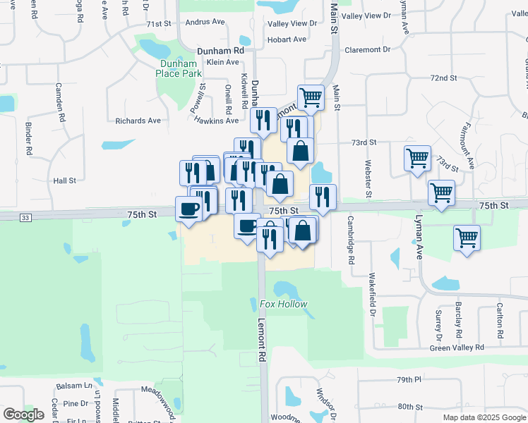 map of restaurants, bars, coffee shops, grocery stores, and more near 2795 75th Street in Darien